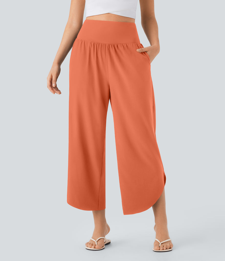 Breezeful™ High Waisted Tummy Control Split Hem Quick Dry Resort Pants with Pockets - Flamingo