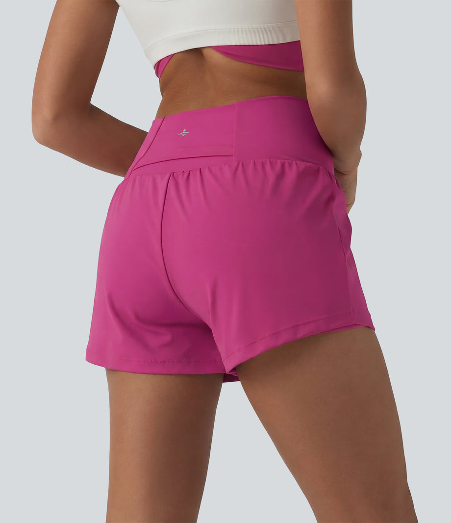 SoftlyZero™ Airy Crossover High Waisted 2-in-1 Cool Touch Yoga Shorts 3'' with Pockets - Fuchsia Fedora