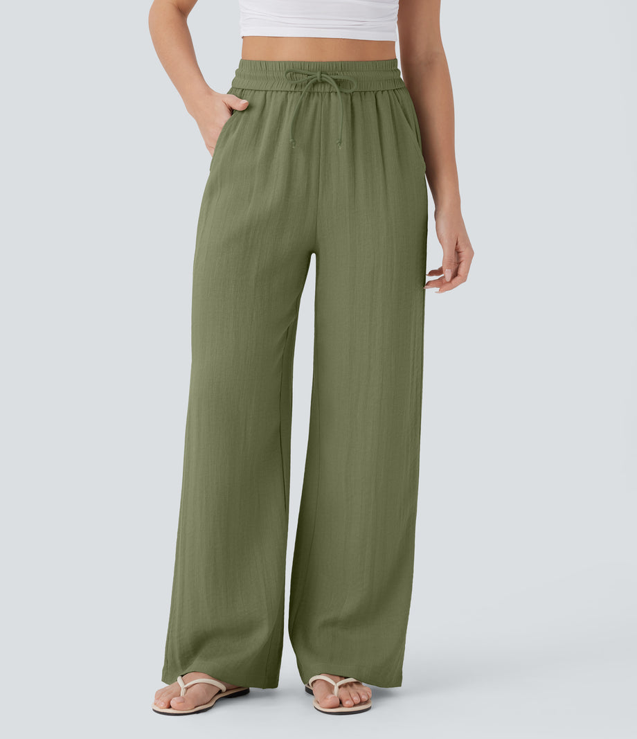 High Waisted Drawstring Pocket Wide Leg Baggy Casual Linen-Feel Pants - Loden Green