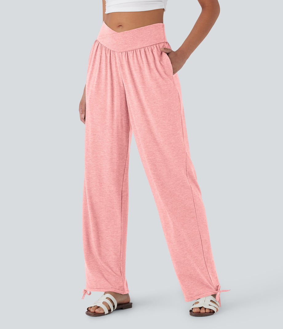 Crossover High Waisted Pocket Drawstring Casual Joggers - Creole Pink Floral Yarn