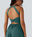Twisted Backless Split Flowy Maxi Resort Dress with Pockets - Jade Green Floral Yarn