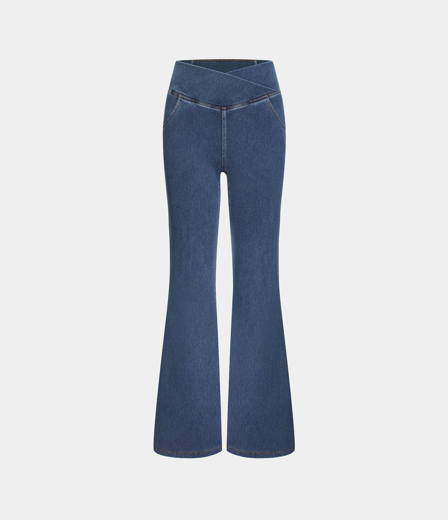 Halara Flex™ High Waisted Crossover Pocket Washed Casual Jeans - Washed Denim Bleached Blue