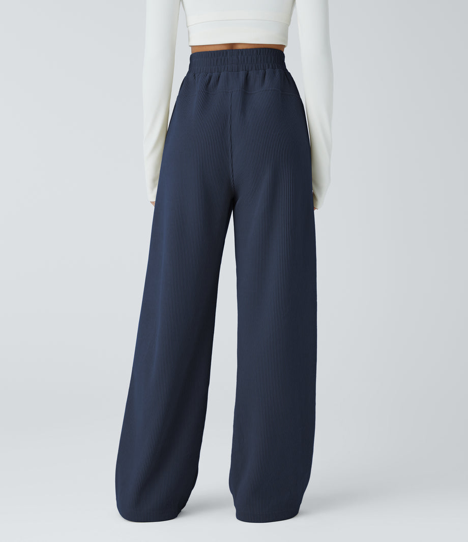 High Waisted Pocket Straight Leg Baggy Mop Corduroy Casual Pants - Mood Indigo