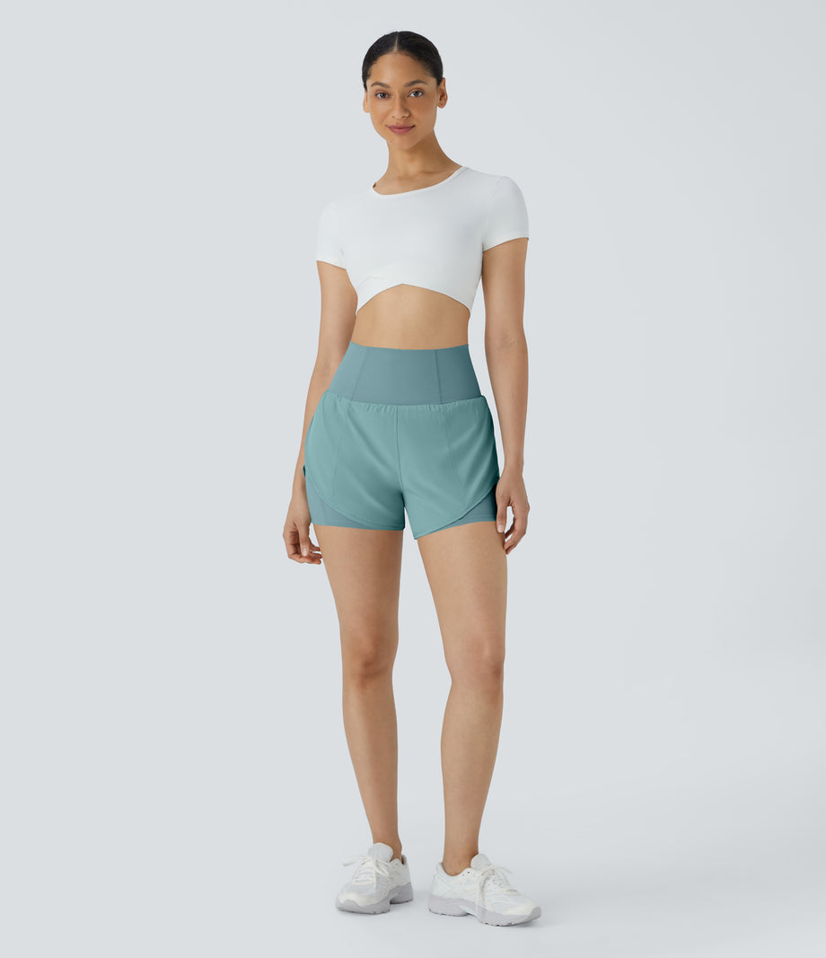 Breezeful™ Super High Waisted Curved Hem 2-in-1 Pocket Quick Dry Yoga Shorts 3.5'' - Mineral Blue