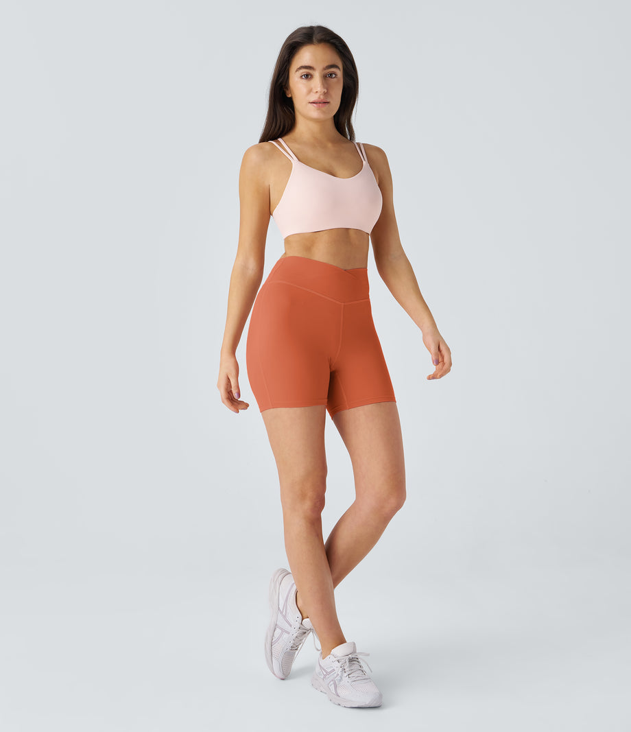 SoftlyZero™ Plush High Waisted Crossover Ruched Yoga Shorts 5'' - Orange Rust