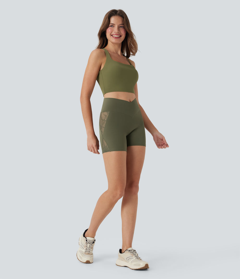 SoftlyZero™ High Waisted Crossover Contrast Lace Pocket Yoga Biker Shorts 5''-UPF50+ - Grass Grey Green