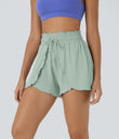 Frill High Waisted Elastic Waistband Drawstring Flowy Stacked Casual Shorts 3" - Green Lily