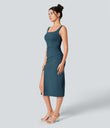 SoftlyZero™ Airy Square Neck Backless Corset Ruched Split Bodycon Midi Cool Touch Bridesmaid and Wedding Guest Dress - Majolica Blue