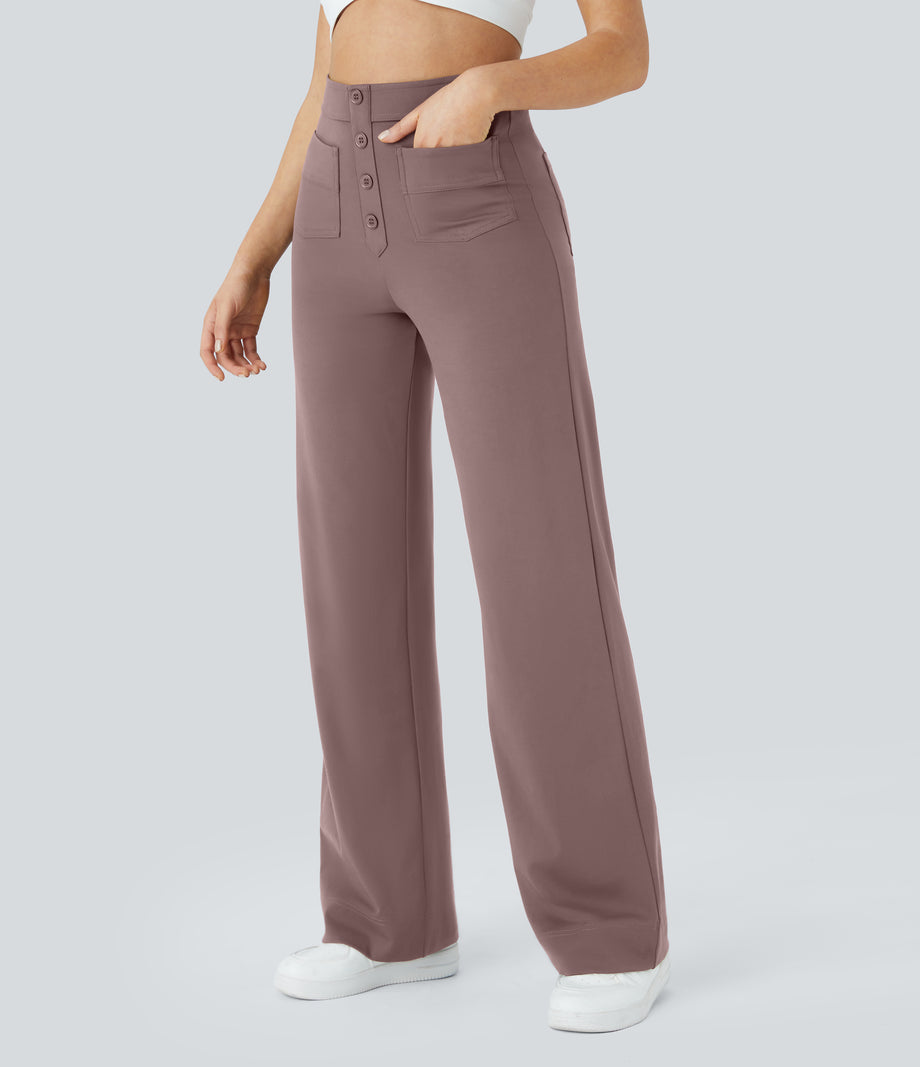 DayStretch High Waisted Pockets Straight Leg Casual Pants - Purple Sandalwood