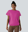 Round Neck Short Sleeve Ruched Cool Touch Yoga Sports Top-UPF50+ - Fuchsia Fedora