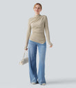 Mock-neck Long Sleeve Ruched Asymmetric Hem Thermal Casual Top - Brown Rice