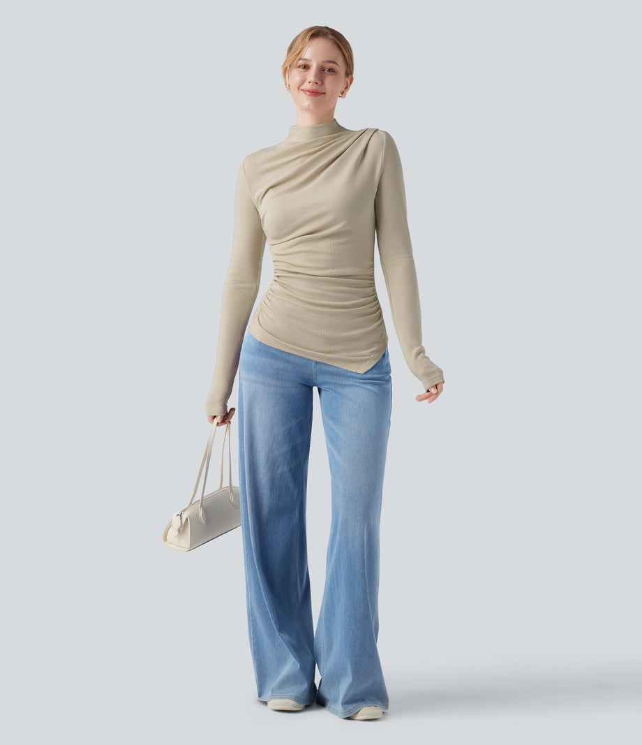 Mock-neck Long Sleeve Ruched Asymmetric Hem Thermal Casual Top - Brown Rice