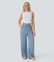 High Waisted Drawstring Pocket Wide Leg Baggy Casual Linen-Feel Pants - Mountain Spring