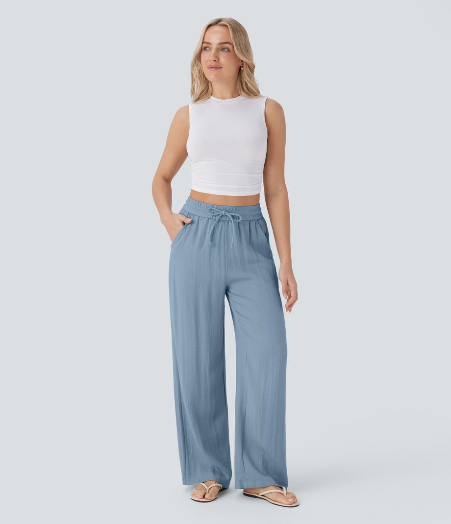High Waisted Drawstring Pocket Wide Leg Baggy Casual Linen-Feel Pants - Mountain Spring