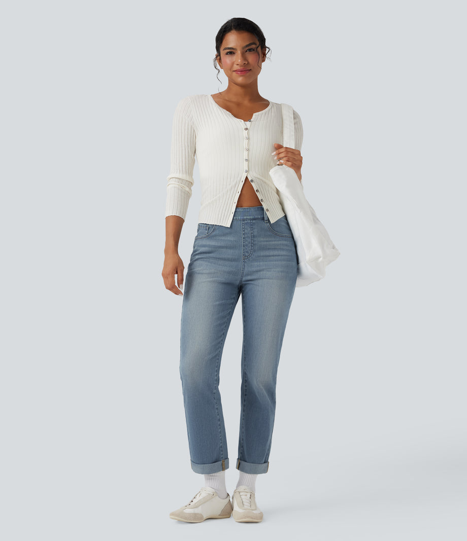 Halara Flex™ High Waisted Rolled Hem Casual Slim Jeans with Pockets - Malibu Blue Denim