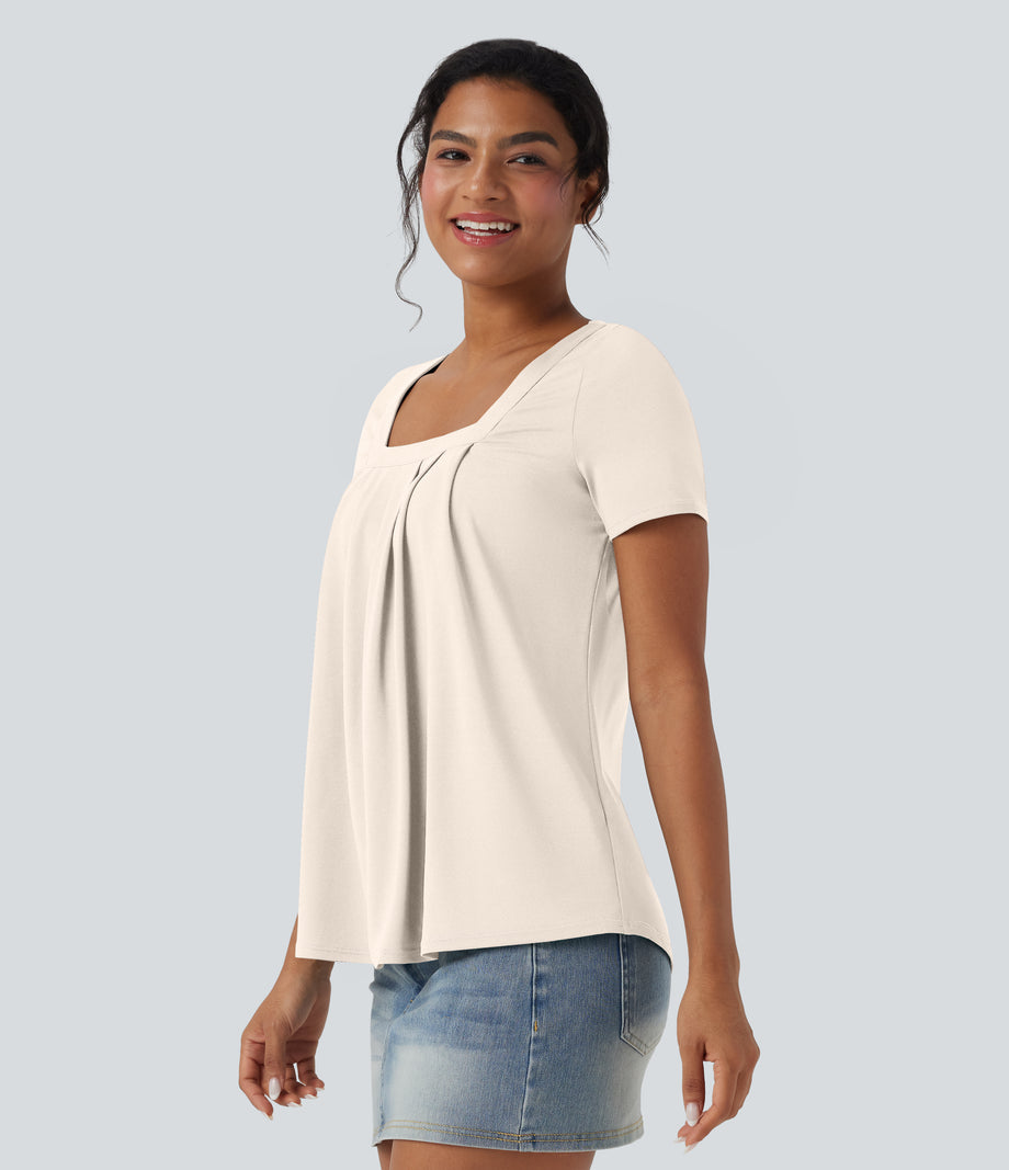 Square Neck Short Sleeve Casual Top - Whisper White
