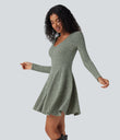 Ribbed Knit V Neck Long Sleeve Flare Mini Casual Dress with Pockets - Wrought Iron
