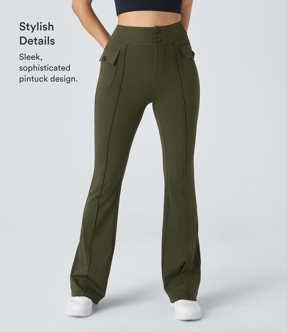 High Waisted Side Flap Pocket Flare Casual Cargo Pants - Forest Night