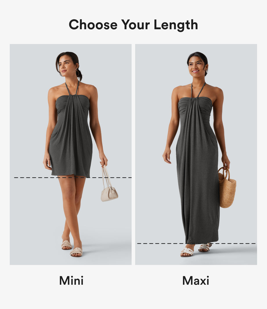 Halter Tie Back Mini Resort Dress with Pockets - Darl Gray Floral Yarn