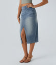 Halara Flex™ High Waisted Pockets Bodycon Washed Denim Casual Midi Skirt - Blue Gray Denim