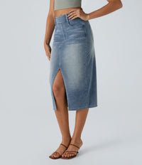 Halara Flex™ High Waisted Pockets Bodycon Washed Denim Casual Midi Skirt - Blue Gray Denim