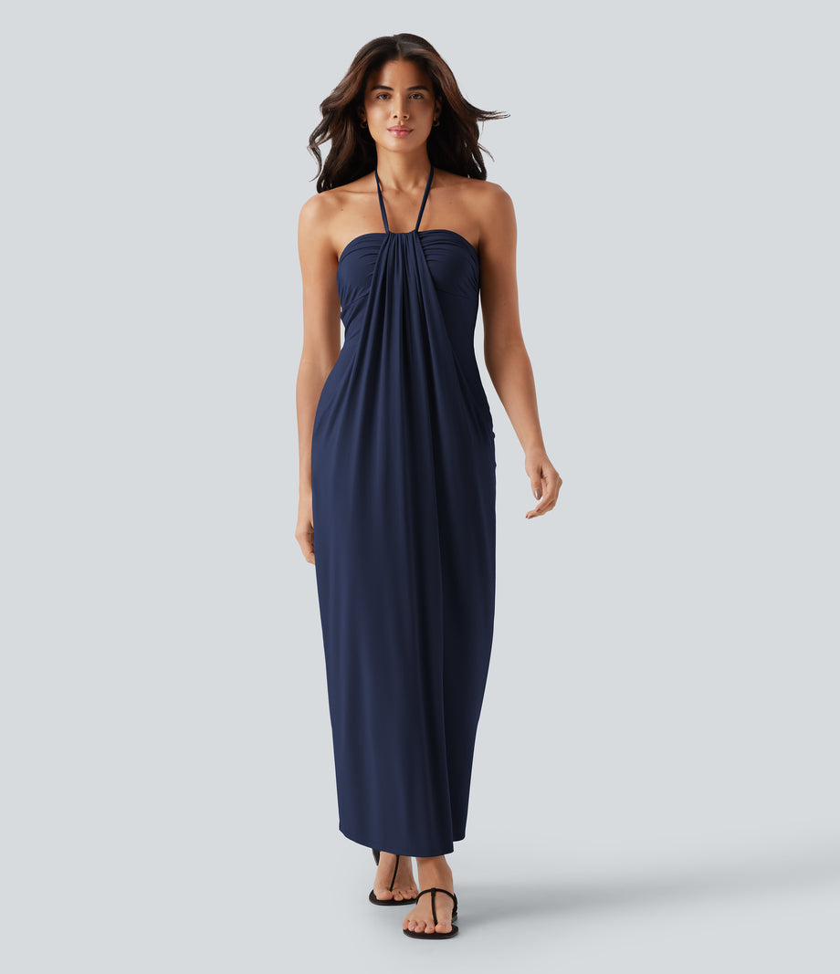 Halter Tie Back Maxi Dress with Pockets - Naval Academy