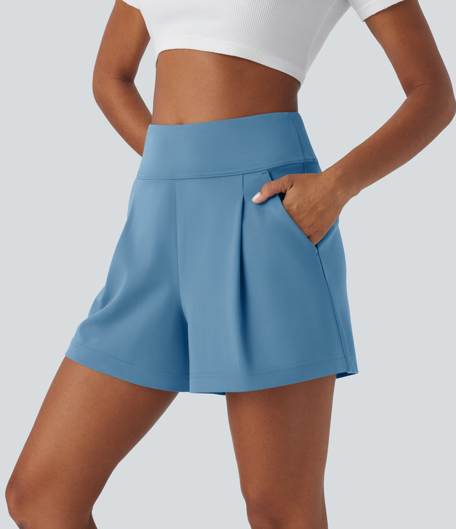 DayStretch High Waisted Work Baggy Shorts 4'' with Pockets - Light Azure