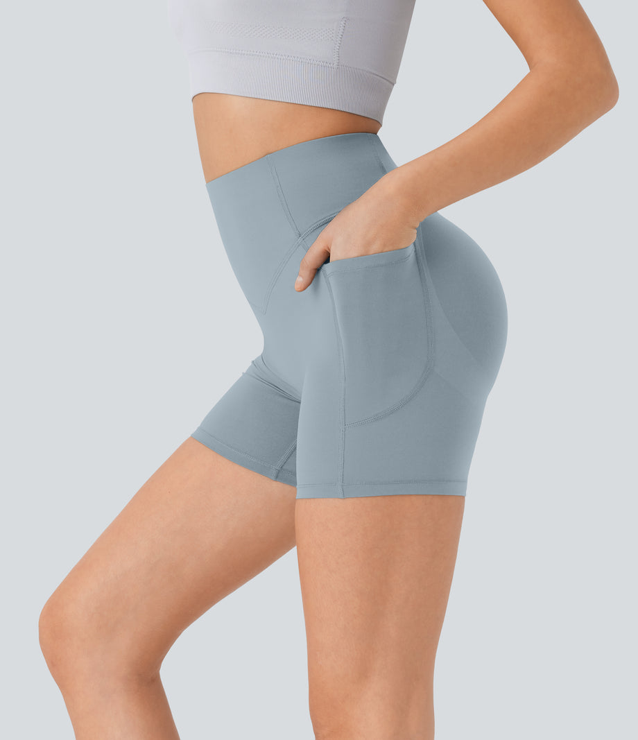 Halara UltraSculpt™ High Waisted Scrunch Butt Lifting Tummy Control Pocket Shaping Workout Biker Shorts 5'' - Blue Flower Gray
