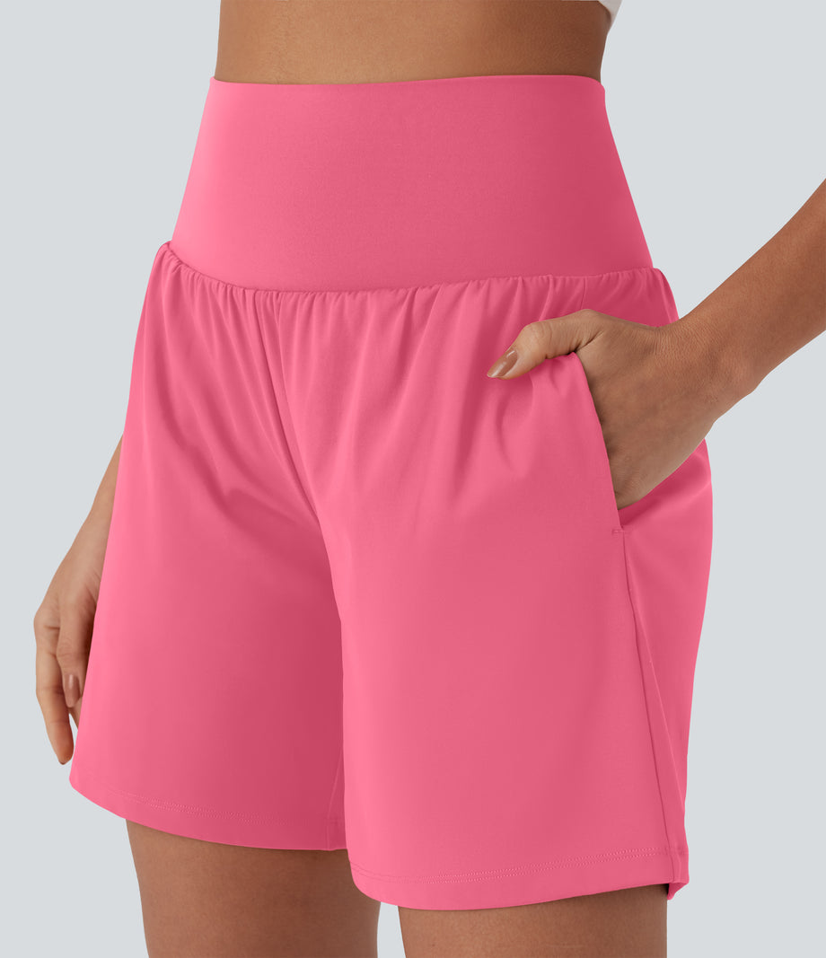 SoftlyZero™ Airy Super High Waisted 2-in-1 Cool Touch Yoga Shorts 7" with Pockets - Pink Lemonade