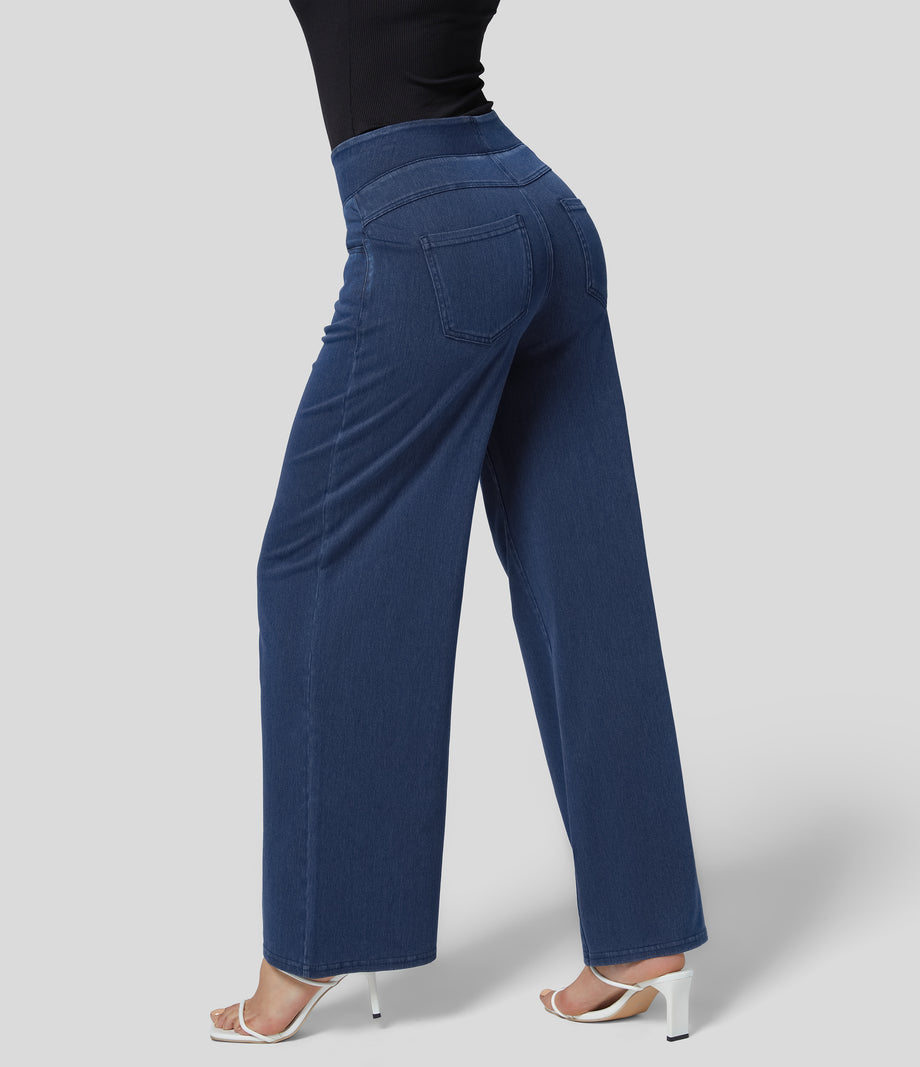 Halara Flex™ High Waisted Pockets Wide Leg Loose Work Jeans - Washed Denim Navy Blue
