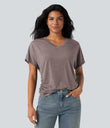 V-neck Short Sleeve Ruched Relaxed Casual Top - Deep Tea Brown Floral Yarn