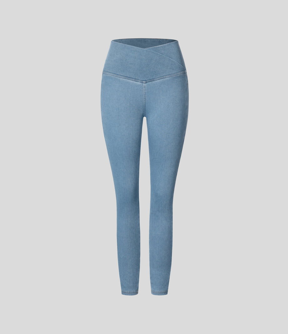 Halara Flex™ Crossover Pocket Washed Denim Work Leggings - Washed Denim Sunny Blue