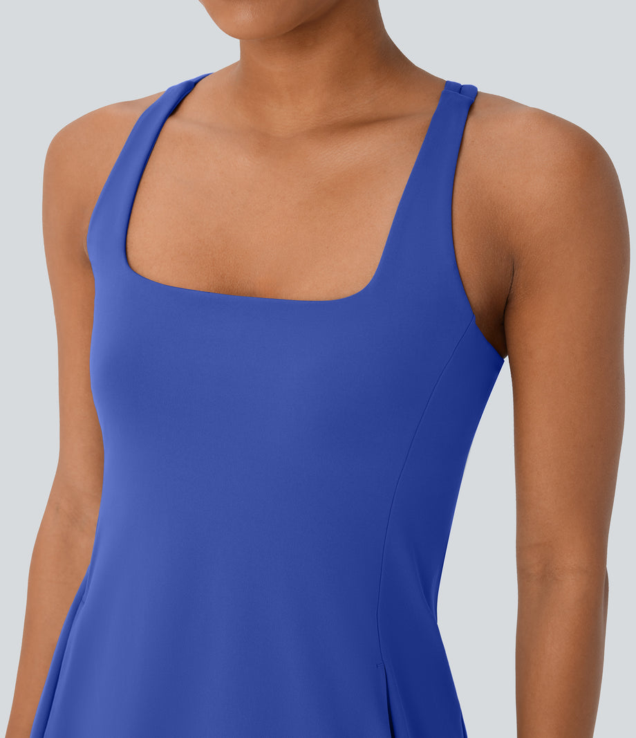 SoftlyZero™ Plush Cut Out Pocket 2-Piece Mini Yoga Active Dress - Lotus Blue