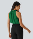 Keyhole Back Halter Sleeveless Curved Hem Work Blouse - Abundant Green