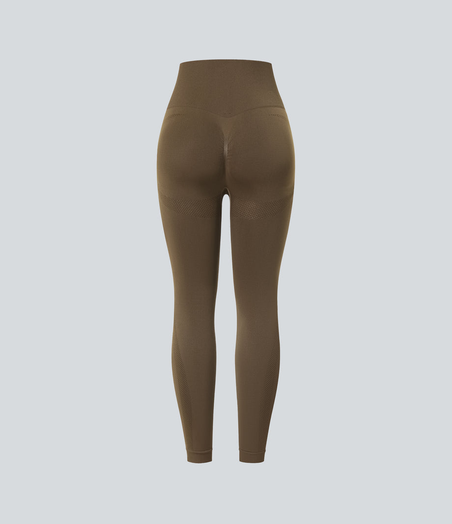 OneForm Seamless Flow High Waisted Ruched 7/8 Yoga Leggings - Dawn Brown