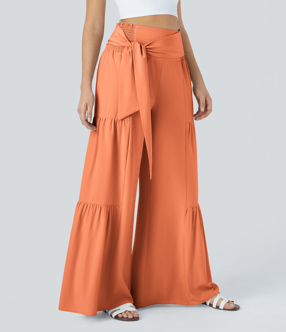 Breezeful™ High Waisted Shirred Tie Front & Back Wide Leg Flowy Quick Dry Casual Pants - Blush Orange