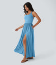 Twisted Backless Split Flowy Maxi Resort Dress with Pockets - Clear Coast Blue