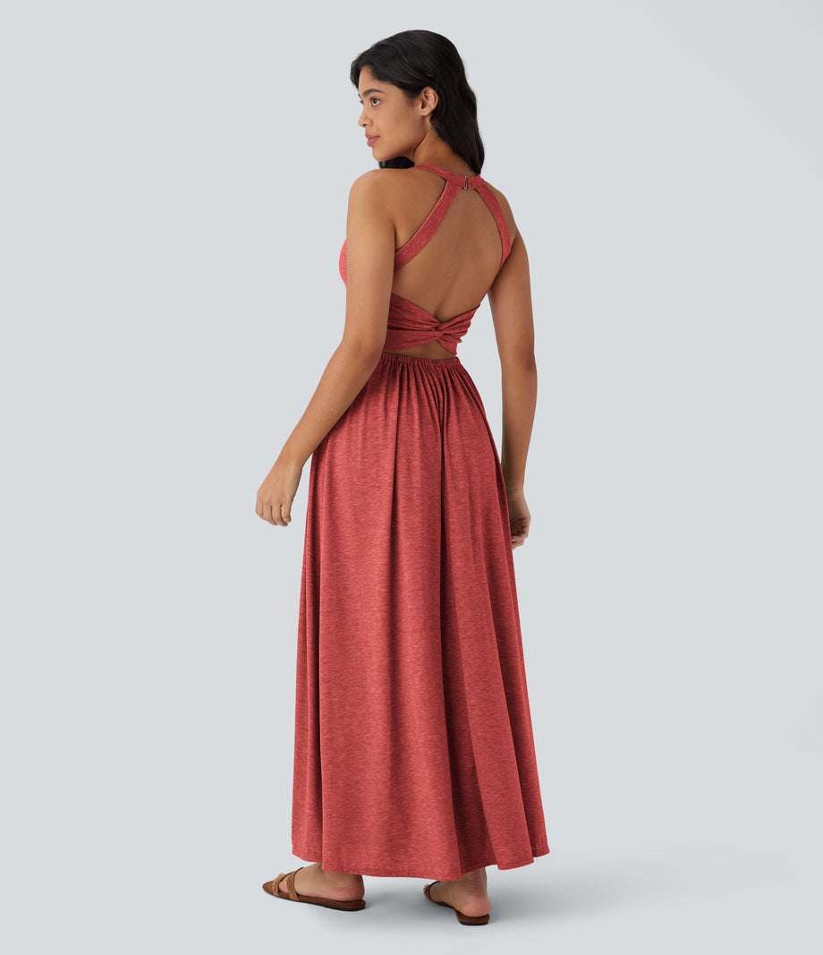 Twisted Backless Split Flowy Maxi Resort Dress with Pockets - Poinsettia Floral Yarn