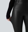 High Waisted Stretchy PU Fleece Casual Leggings with Pockets - Black