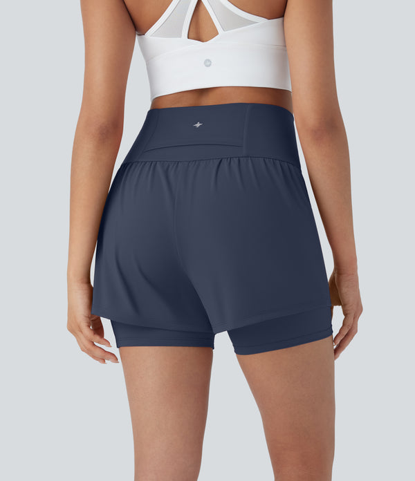 SoftlyZero™ Airy Super High Waisted 2-in-1 Cool Touch Yoga Shorts 5'' with Pockets - Mood Indigo