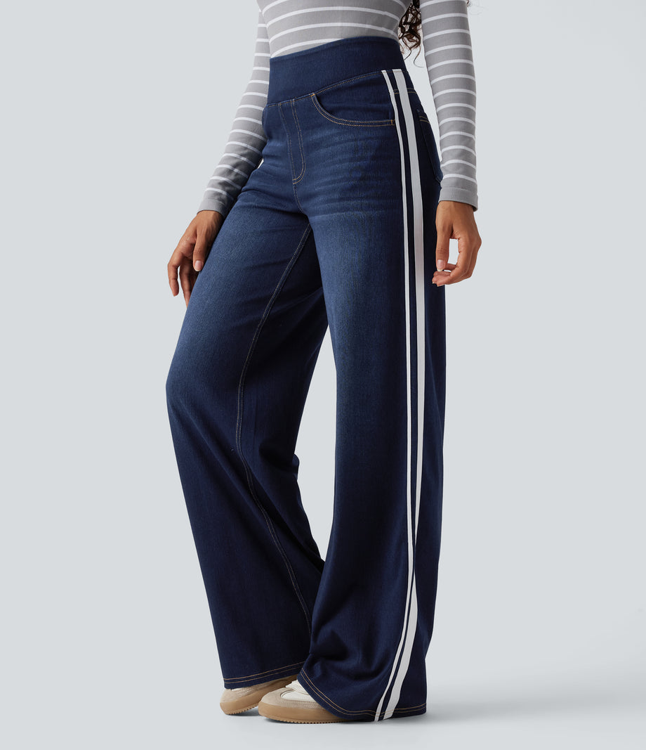 Halara Flex™ High Waisted Stripe Wide Leg Flowy Washed Casual Jeans with Pockets - Inkling  Blue Denim