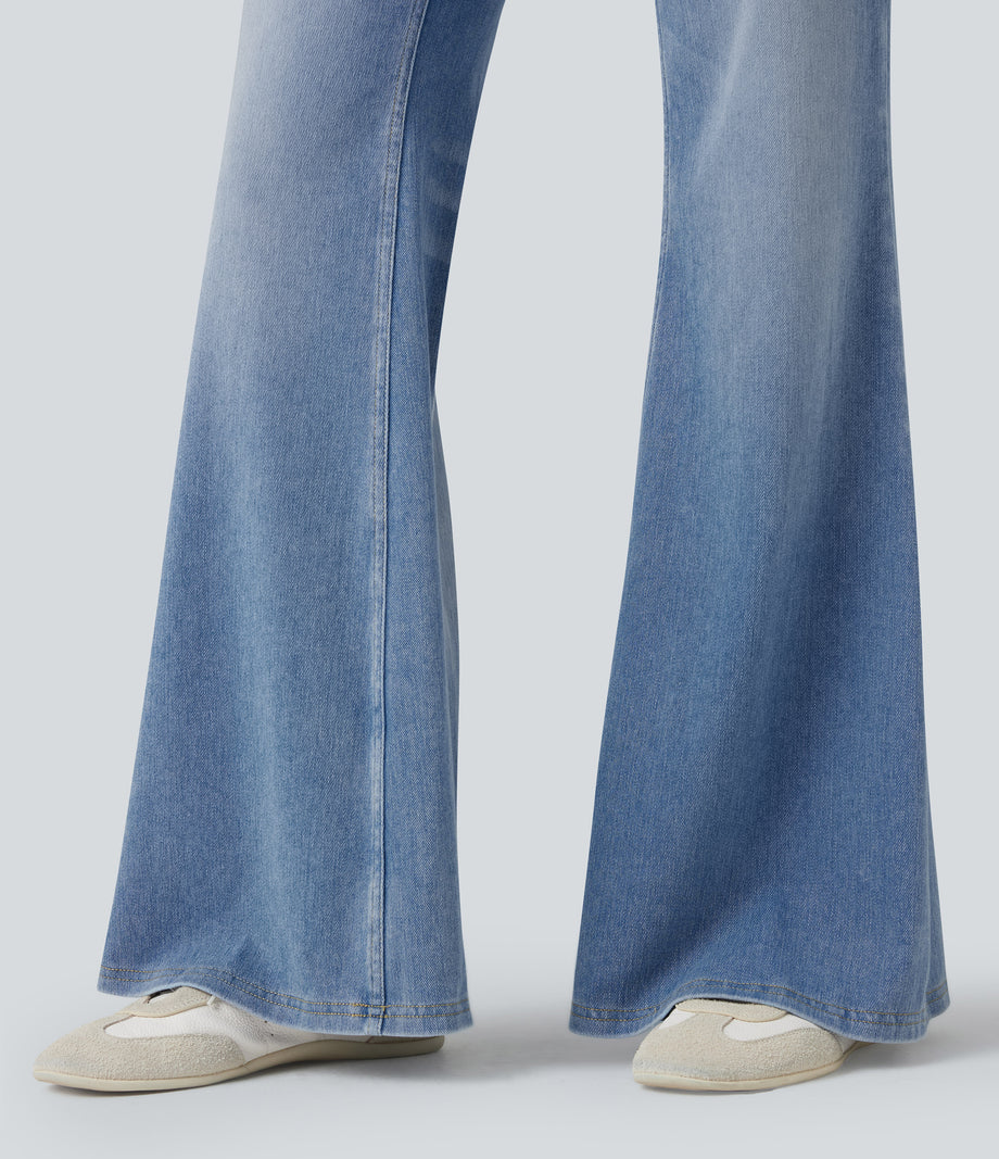 Halara Flex™ Low Rise Flare Washed Casual Jeans with Pockets - Powder Blue Denim