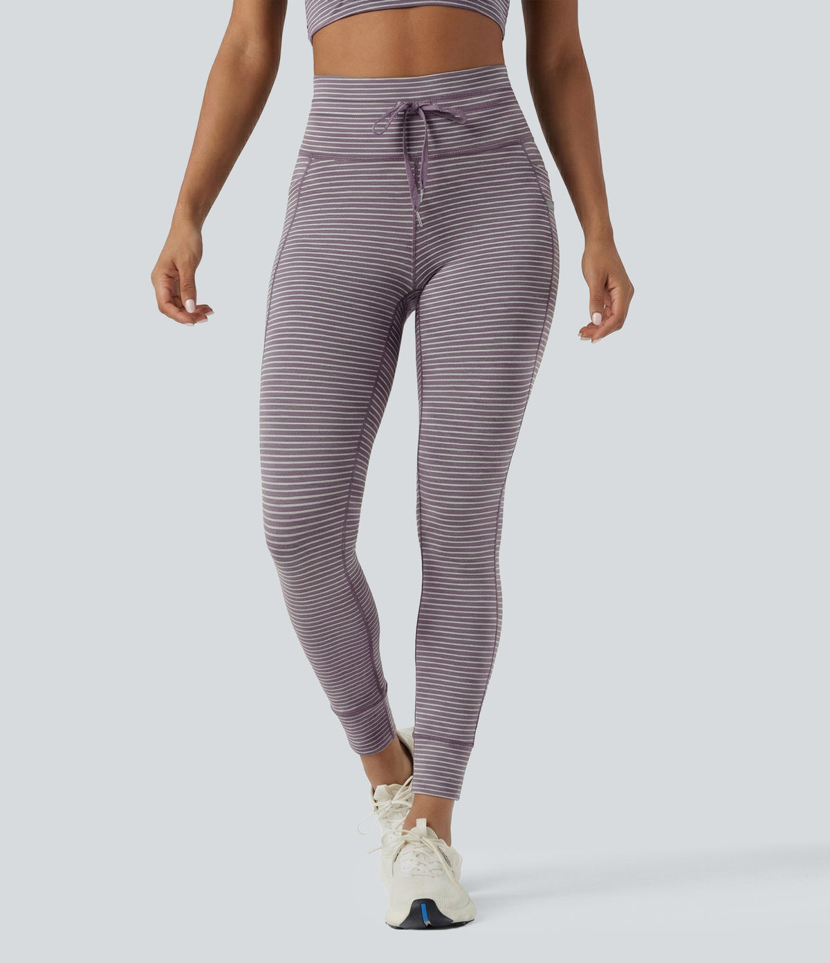 High Waisted Drawstring Striped Yoga Leggings with Pockets - Charcoal Stripe