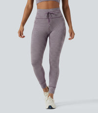 High Waisted Drawstring Striped Yoga Leggings with Pockets - Charcoal Stripe