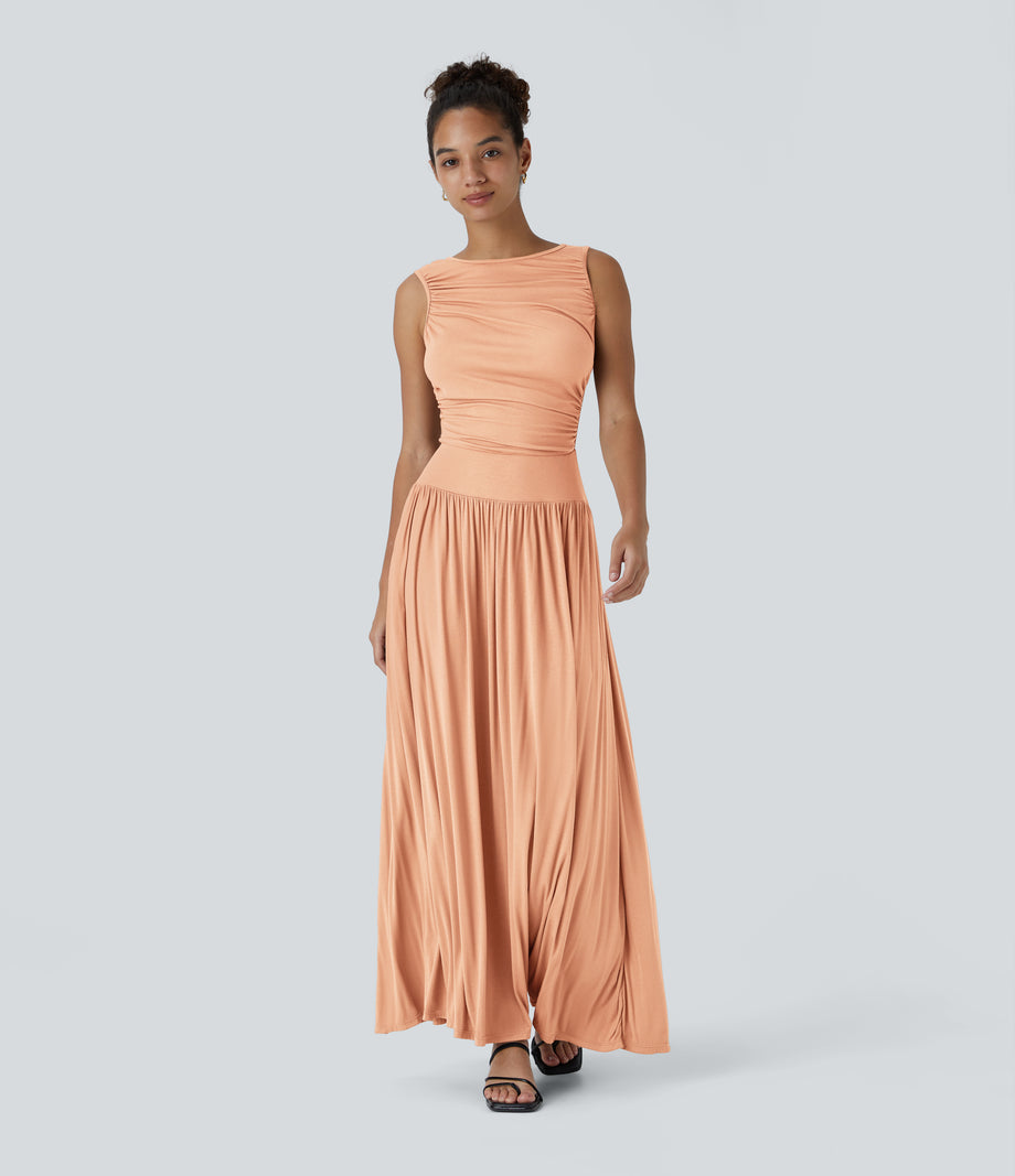 Ribbed Boat Neck Asymmetric Strap Ruched Pocket Flowy Maxi Casual Dress - Sunset Orange