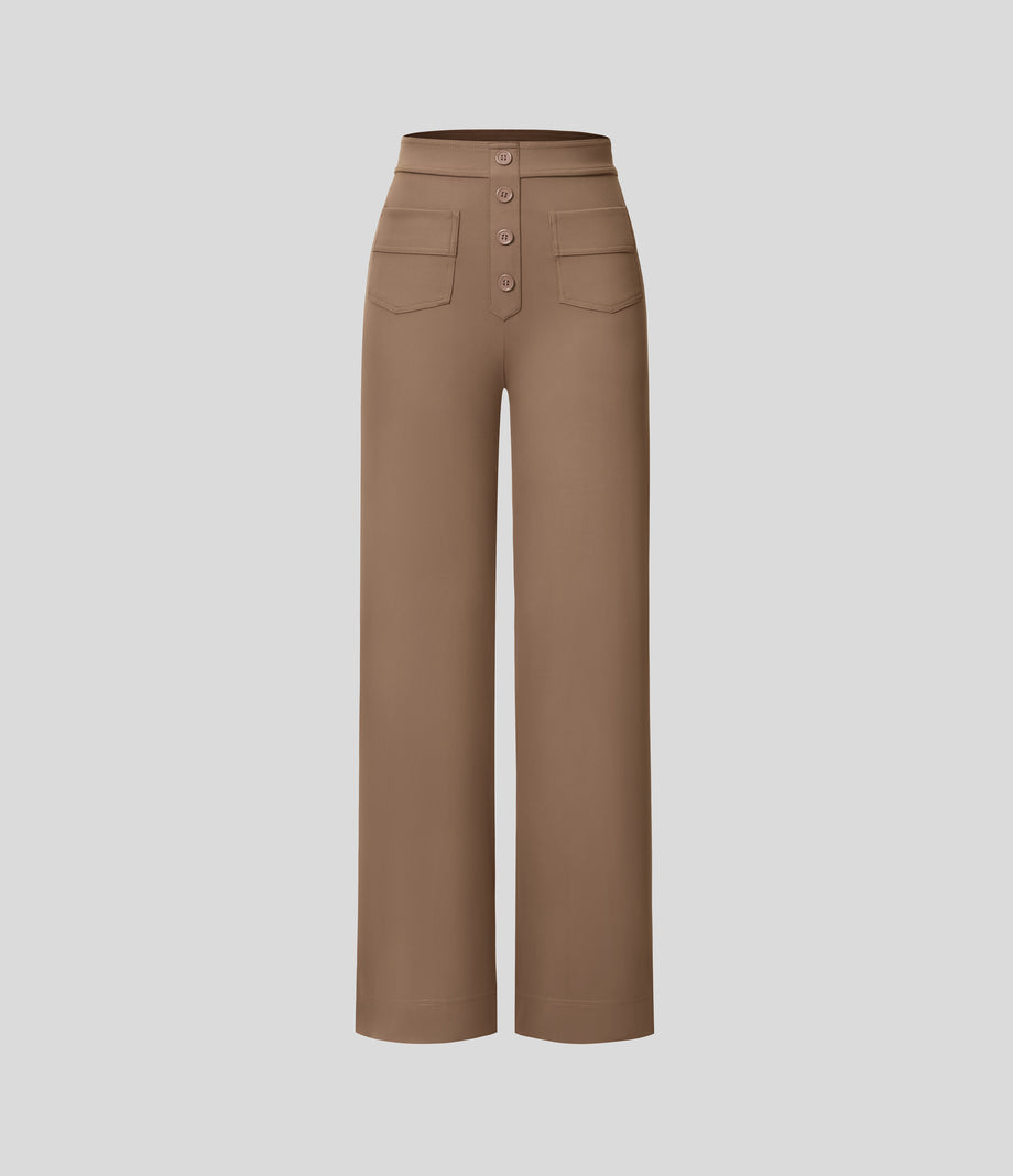 DayStretch High Waisted Pockets Straight Leg Casual Pants - Burro