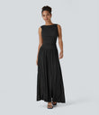 Ribbed Boat Neck Asymmetric Strap Ruched Pocket Flowy Maxi Casual Dress - Black
