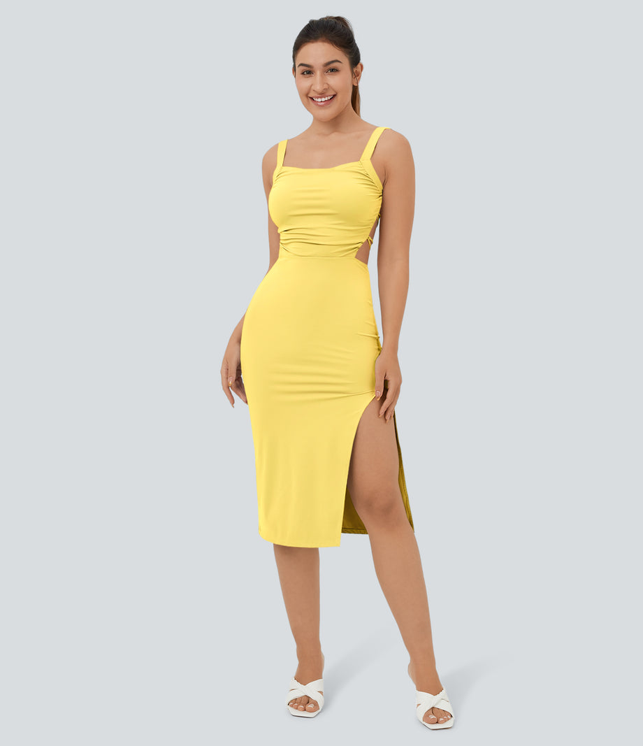 Ruched Lace Up Bodycon Midi Casual Dress - Goldfinch