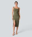 SoftlyZero™ Airy Square Neck Backless Corset Ruched Split Bodycon Midi Cool Touch Bridesmaid and Wedding Guest Dress - Withered Green