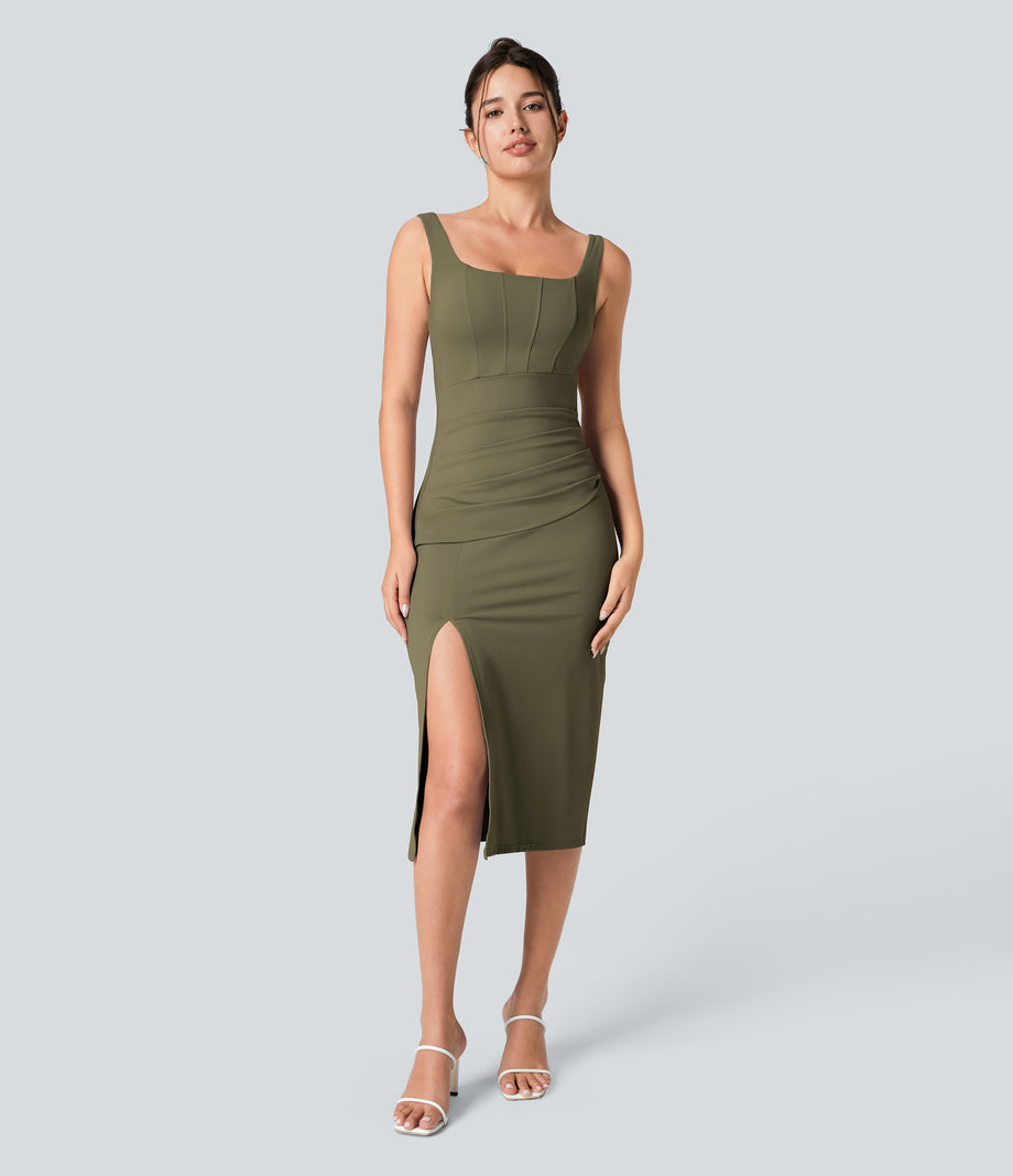 SoftlyZero™ Airy Square Neck Backless Corset Ruched Split Bodycon Midi Cool Touch Bridesmaid and Wedding Guest Dress - Withered Green